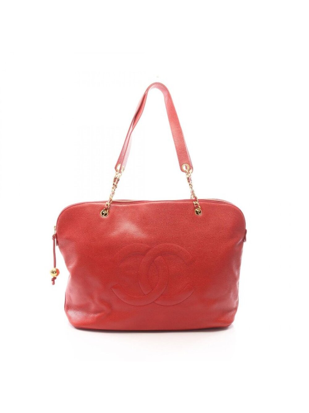 Chanel Tote Bag Big CC Logo Red Caviar Leather Jumbo CC Coco Ball Chain